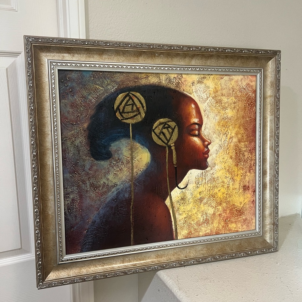 African Woman Head Portrait Original Oil Painting‎  On Canvas XL Framed 29x25